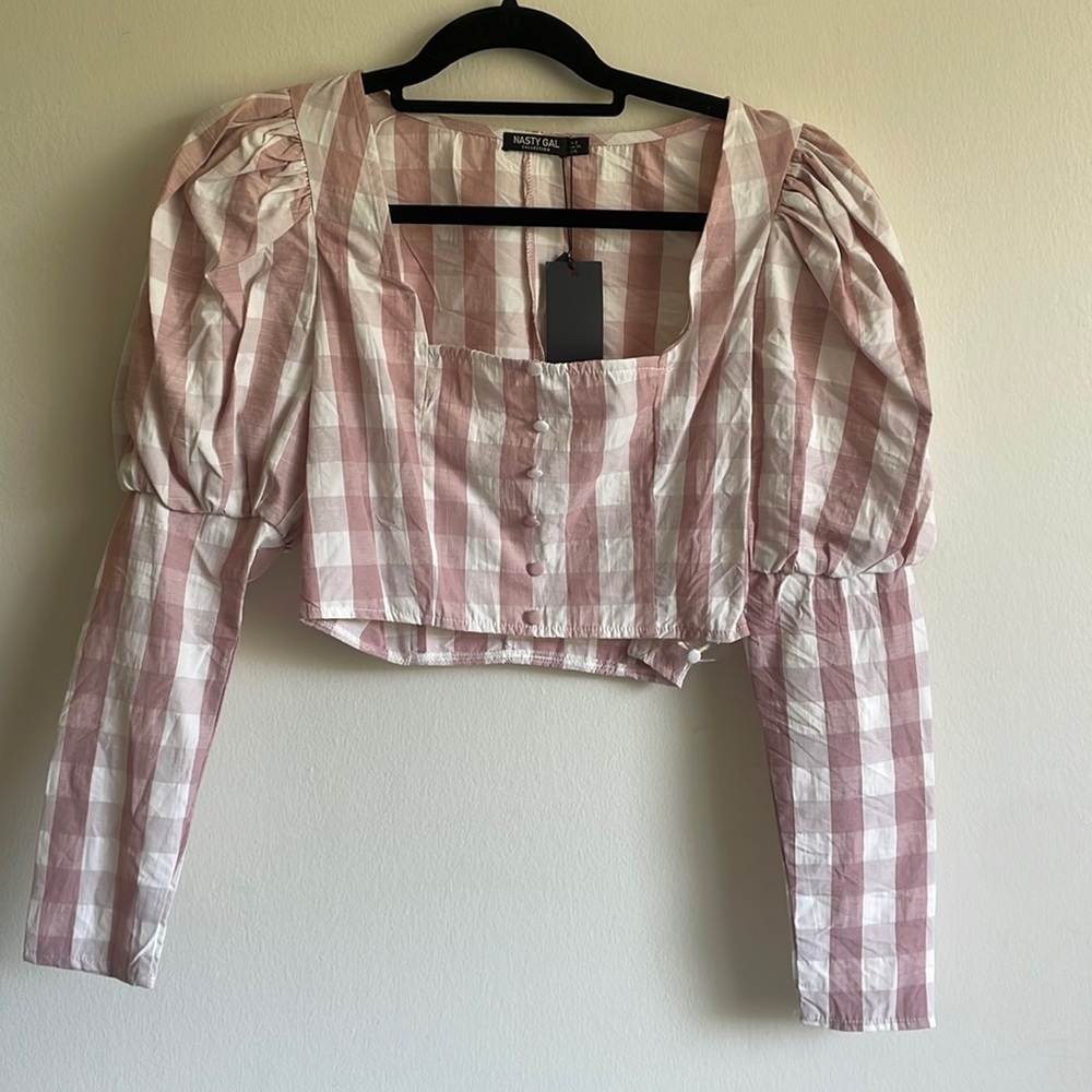 Nasty Gal pink and white gingham cropped top